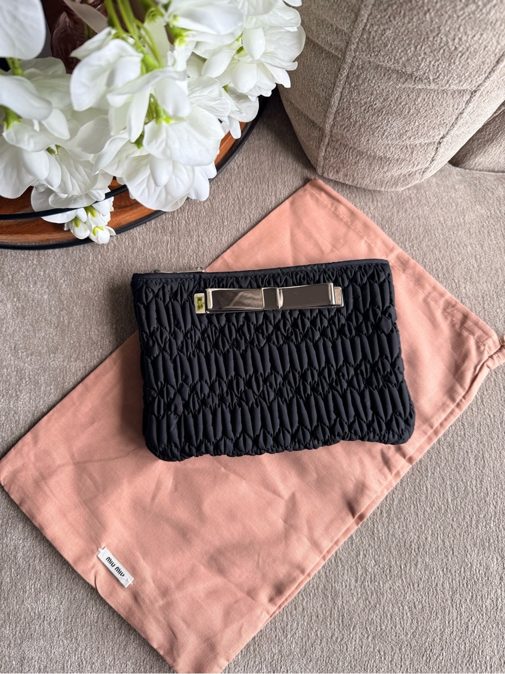 Miu Miu Black Nylon Quilted Clutch Or Cosmetic Bag with Bow